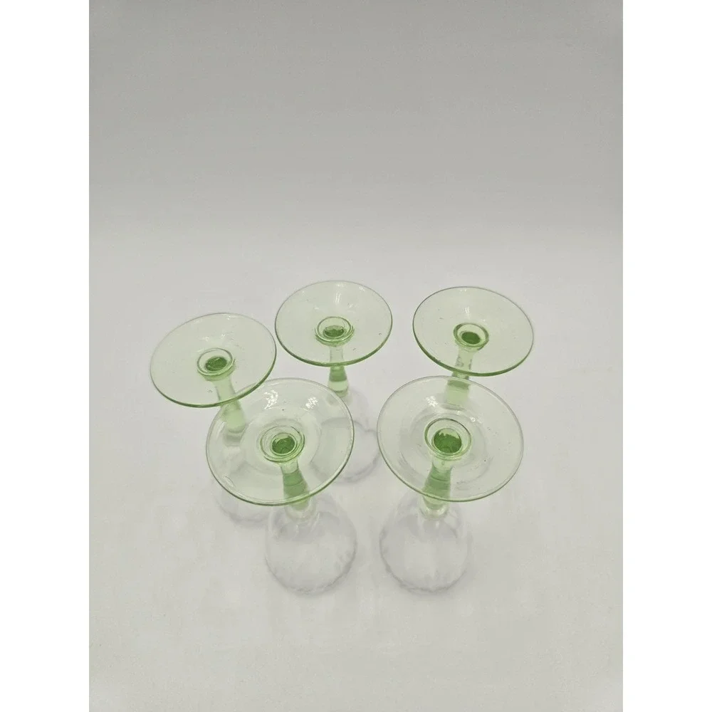 Vintage Uranium Glass Cordials Etched Foliate Design Stemware Set Of 5 Bryce?